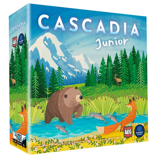 Front cover of Cascadia Junior board game by Alderac Entertainment Group, showing a bear, fox, and salmon in a colorful mountain landscape – family-friendly board game for ages 6+.