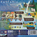 Back of Cascadia Junior box by Alderac Entertainment Group, highlighting game rules, components, CE marking, age recommendation 6+, and colorful illustrations of wildlife and habitats – perfect for board game lovers.